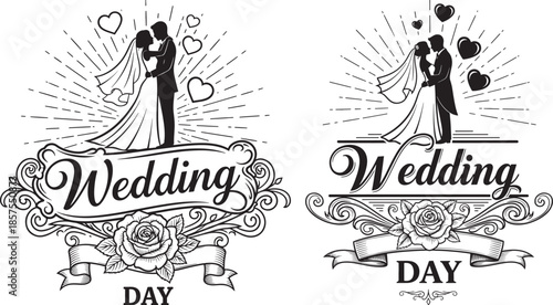 Wedding Day Invitation Template with Bride and Groom Silhouette and Roses