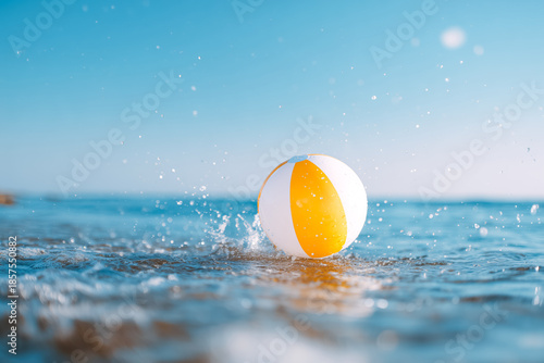Yellow and white beach ball in ocean water with splashes wave