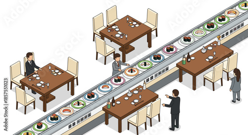 Isometric illustration of a conveyor belt sushi restaurant with customers seated at tables and choosing plates of food.
