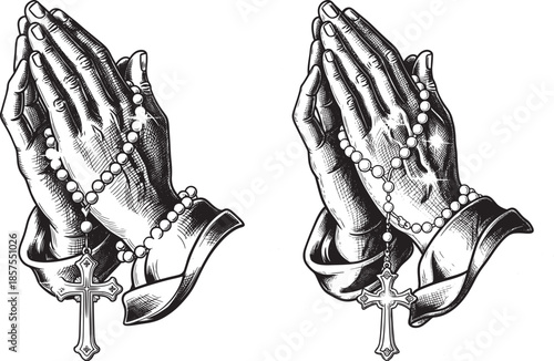 Detailed Black and White Sketch of Praying Hands with Holy Rosary and Cross