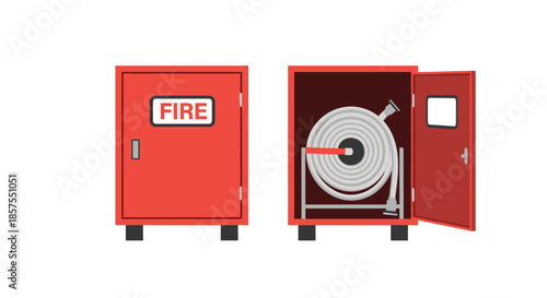Fire hose cabinet in both closed and open views, showing the coiled hose inside for emergency fire safety.