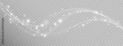 Flowing white light wave with sparkling particles on transparent background.
