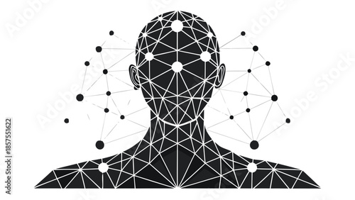 Black and white illustration of a human head and shoulders with a network of lines and dots