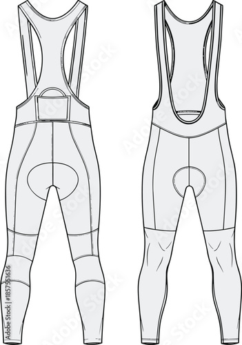 Cycling bib tights technical sketch, front and back view, vector apparel design, sportswear template, garment construction, CAD drawing flat vector illustration