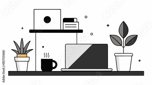 Black and white illustration of a laptop with plants and office supplies on a shelf