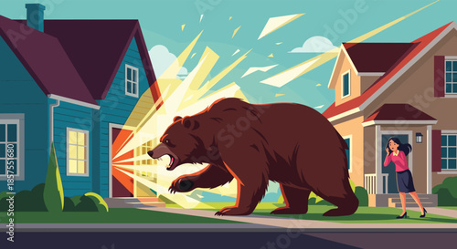 Large brown bear roaring and attacking a suburban house while a scared woman calls for help on her phone.