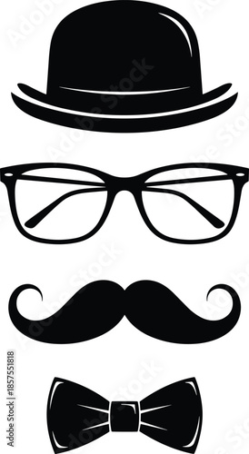 Gentleman fashion icon set, bowler hat, eyeglasses, mustache, bow tie, vintage style, retro accessories, minimalist silhouette, black vector illustration