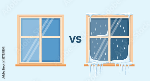 Vector illustration comparing a clean, new window with a frozen window covered in snow, ice, and condensation in winter.