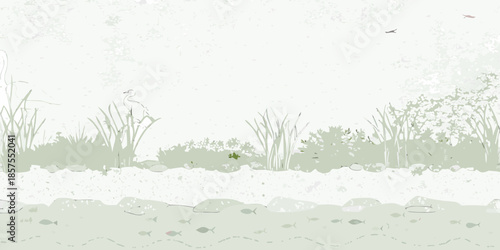 Foto A serene landscape featuring pale green grasses and a rocky shoreline