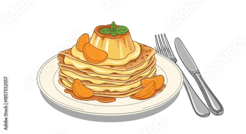 Delicious stack of crepes topped with flan, cream, and mandarin orange slices, served on a plate with fork and knife.