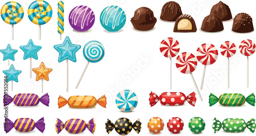 Colorful candy and chocolate sweets collection with lollipops wrapped candies and truffles isolated on white background vector illustration set
