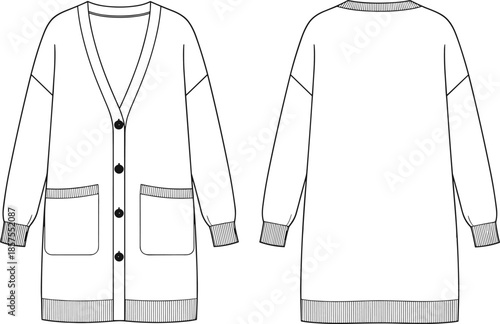 Long cardigan sweater, fashion flat sketch, technical drawing, front and back view, vector illustration, apparel design, garment template, CAD artwork