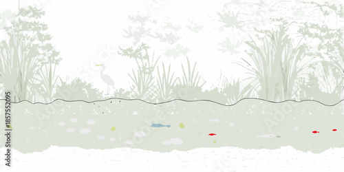 A serene illustration of a wetland ecosystem with birds fish and vegetation
