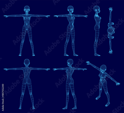A 3D anime girl wireframe model strikes a dynamic pose with outstretched arms against a blue background, showcasing detailed female anatomy.