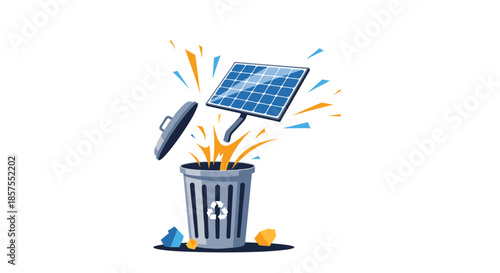 Conceptual illustration of a solar panel being thrown into a recycling bin, symbolizing renewable energy waste or obsolescence.