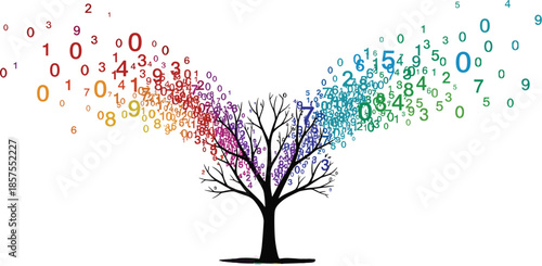 Colorful data tree illustration with flowing numbers symbolizing analytics technology information growth and digital transformation isolated on white background