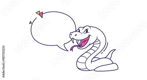 Cartoon white cobra or snake character with an open mouth and fangs, featuring a blank speech bubble for custom text.