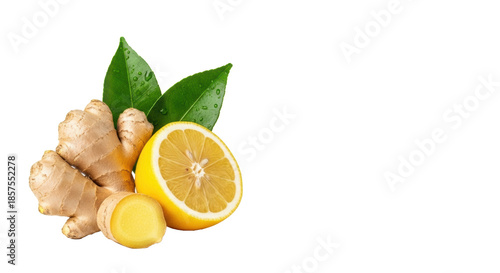 Pristine whole ginger root, juicy yellow lemon half, two crisp green leaves, meticulously cleaned, arranged on a transparent background with copy space, concept of natural health and fresh ingredients