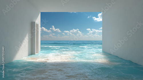 Surreal Modern White Room Opening Directly Onto Turquoise Ocean Waves and Blue Sky with Clouds, Imaginative Seaside Escape Interior for Travel and Dream Concepts