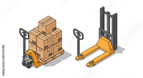 Isometric vector illustration of a manual pallet jack, shown both empty and loaded with stacked cardboard boxes on a pallet.