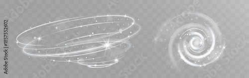 Soft glowing white spiral vortex with sparkling particles on transparent background.
