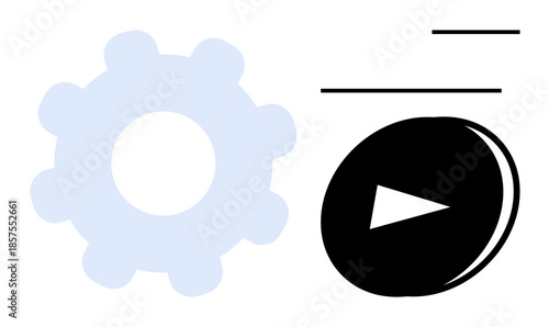 Technology, multimedia, user interface, settings, streaming, productivity. Gear icon next to a play button . Technology and multimedia concepts for design and functionality