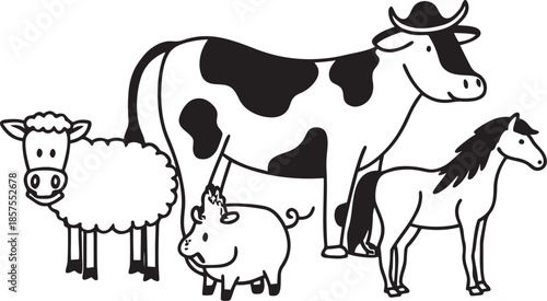 Cute cartoon farm animals illustration featuring a cow, sheep, pig, and horse isolated on transparent background, isolated on white background, Vector.
