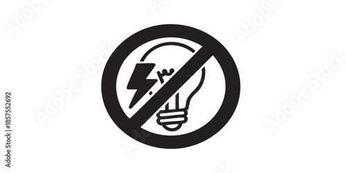 No electric lightbulb with lightning solid icon, prohibition concept, lamp light is banned sign on white background, glyph style for mobile web design. Vector graphics.
