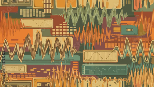 Vibrant abstract landscape with geometric shapes and organic forms in shades of orange and green