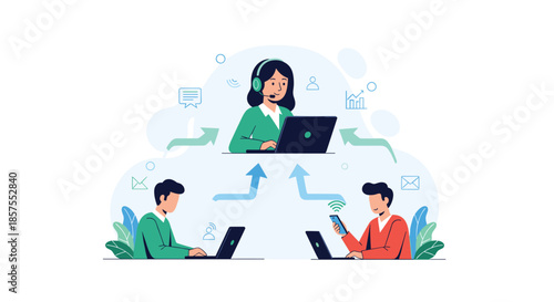 Conceptual illustration of a customer service agent or team leader connecting with remote employees or clients via the cloud.