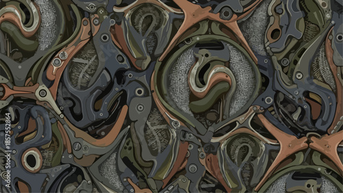Abstract illustration featuring swirling patterns, shapes, and designs in shades of gray, brown, and green, creating a complex visual texture