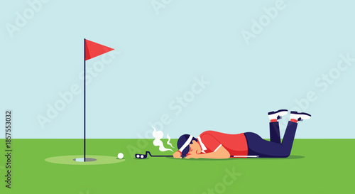 Cartoon of a frustrated male golfer lying on the green after missing an easy putt, with his putter smoking in defeat.