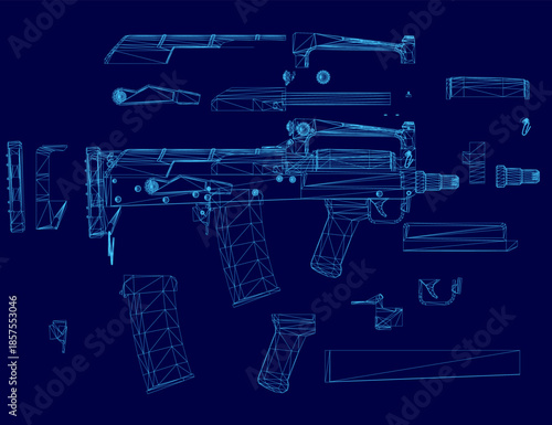 Blueprint of an assault rifle with detailed wireframe components and technical specifications on a blue background. This set provides a comprehensive schematic view for design or analysis purposes.