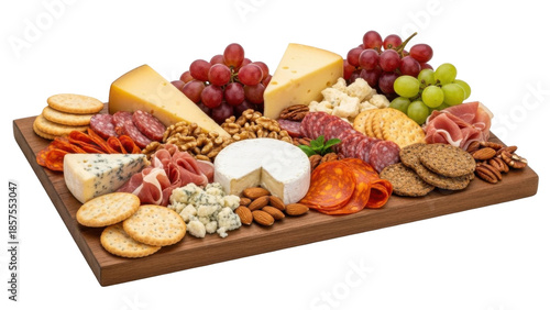 A beautifully arranged charcuterie board featuring various cheeses, meats, crackers, nuts, and grapes.