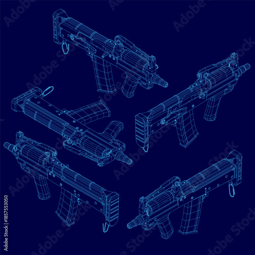 Blueprint assault rifle wireframe set on a blue background, displaying detailed mechanical components and design specifications.