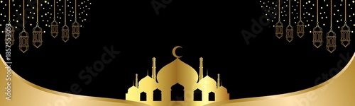 Luxurious panoramic banner, islamic background with golden silhouette of a mosque, lanterns on a black background with copy space. Web header template for Ramadan and Eid holidays.