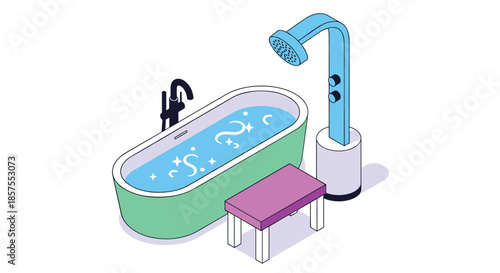 Modern isometric illustration of a bathroom setup with a green freestanding bathtub, a blue shower tower, and a purple bench.