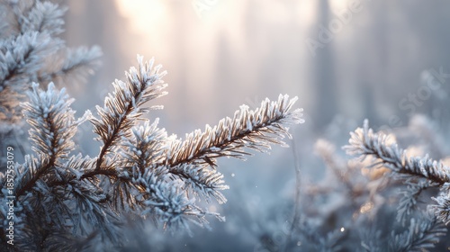 Frost covered pine needles illuminated by soft sunlight in winter forest snow