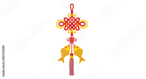 Traditional red and yellow Chinese knot ornament featuring a mystic knot and twin fish, symbolizing good fortune and abundance.
