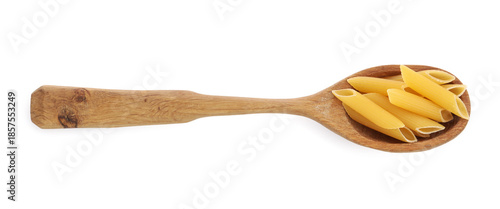 Obraz  z motywem Raw penne pasta in wooden spoon isolated on white, top view