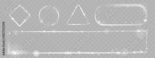 Set of glowing white frames and geometric shapes with sparkles on transparent background.
