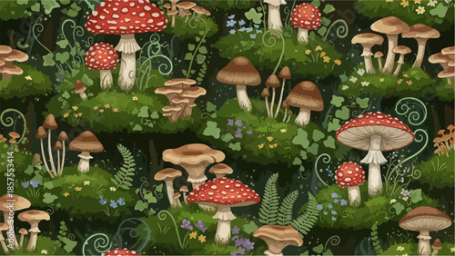Vibrant red and white spotted mushrooms thriving in a lush green forest with ferns and colorful flowers