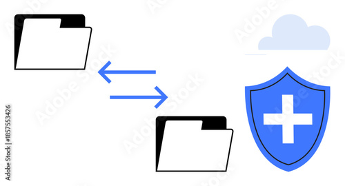 Data protection, cybersecurity, cloud storage, file transfer, secure sharing, backup solutions. Folders exchanging files with a shield and cloud icon. Data protection and cybersecurity concept