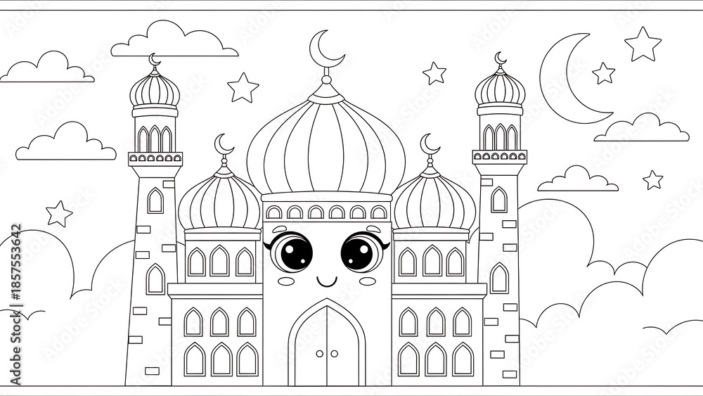 Fototapeta premium Cartoon Mosque with Smiling Face and Crescent Moon.
