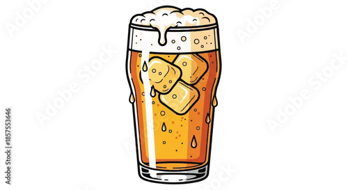 Tall Glass of Cold Beer with Thick Foam and Ice Cubes Refreshing Summer Beverage Illustration