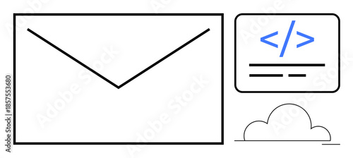 Cloud storage, email services, programming, online messaging, web development, digital technology. Large envelope icon with coding and cloud symbols. Cloud storage and email services concept