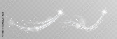 White glowing shooting star light trail with sparkles on transparent dark background.