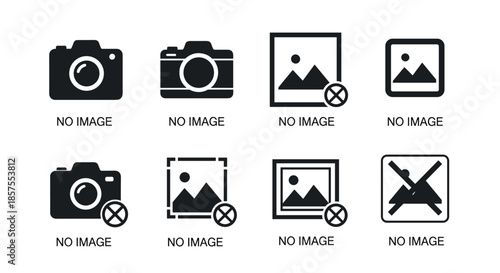 A set of black "no image available" placeholder icons, including camera symbols and crossed-out picture frames for web design.