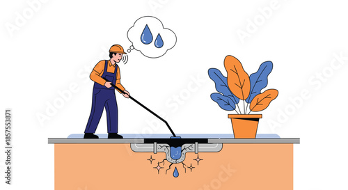 A plumber in overalls using a listening device to detect the source of a water leak in a damaged roof drain pipe.