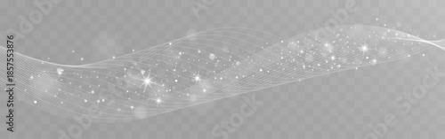 Flowing white light wave with sparkling particles on transparent background.
